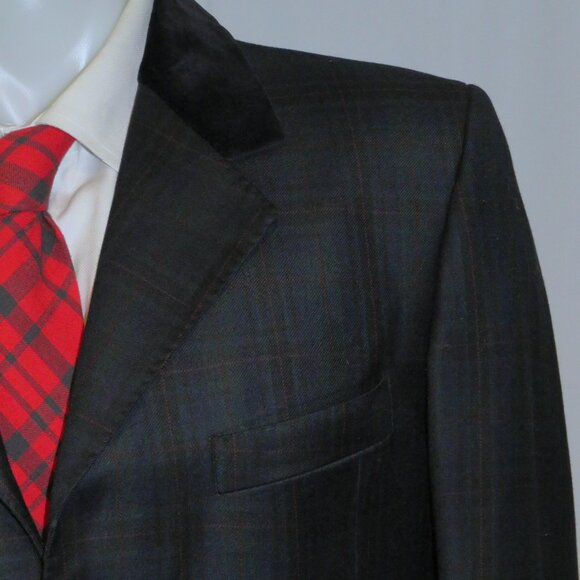 William Hunt Green Tartan Plaid Velvet Collar Three Button Long Riding Jacket L - Picture 4 of 14